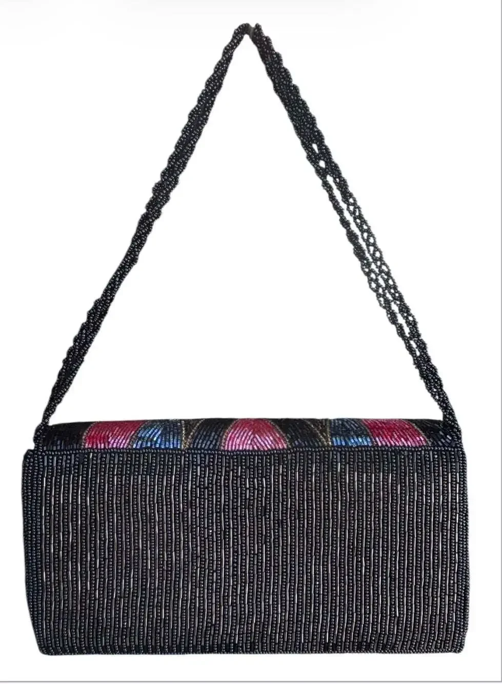 Vintage Hand-Beaded Multi-Color Floral Pattern Evening Clutch with Braided Strap